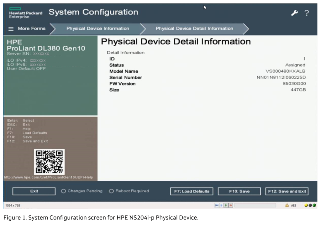 System Configuration screen HPE NS204i-p Physical Device